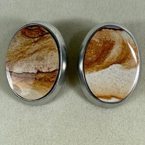 Vintage Alexis Kirk Brown Tan Marbled Silver Tone Oval Clip On Earrings Signed